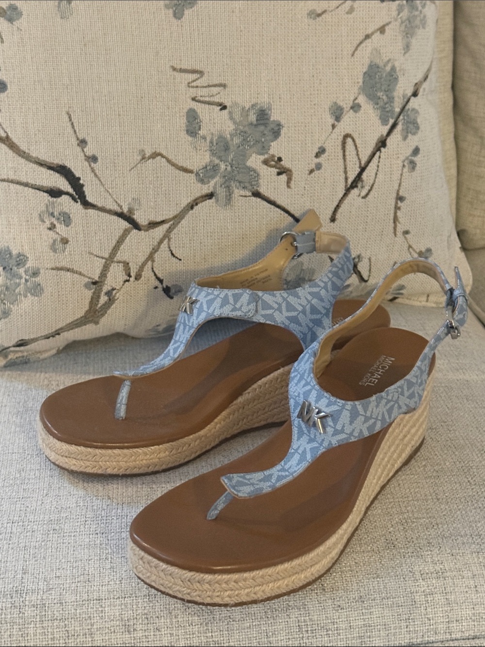 Michael Kors Light Blue Logo Espadrille Wedge Sandals